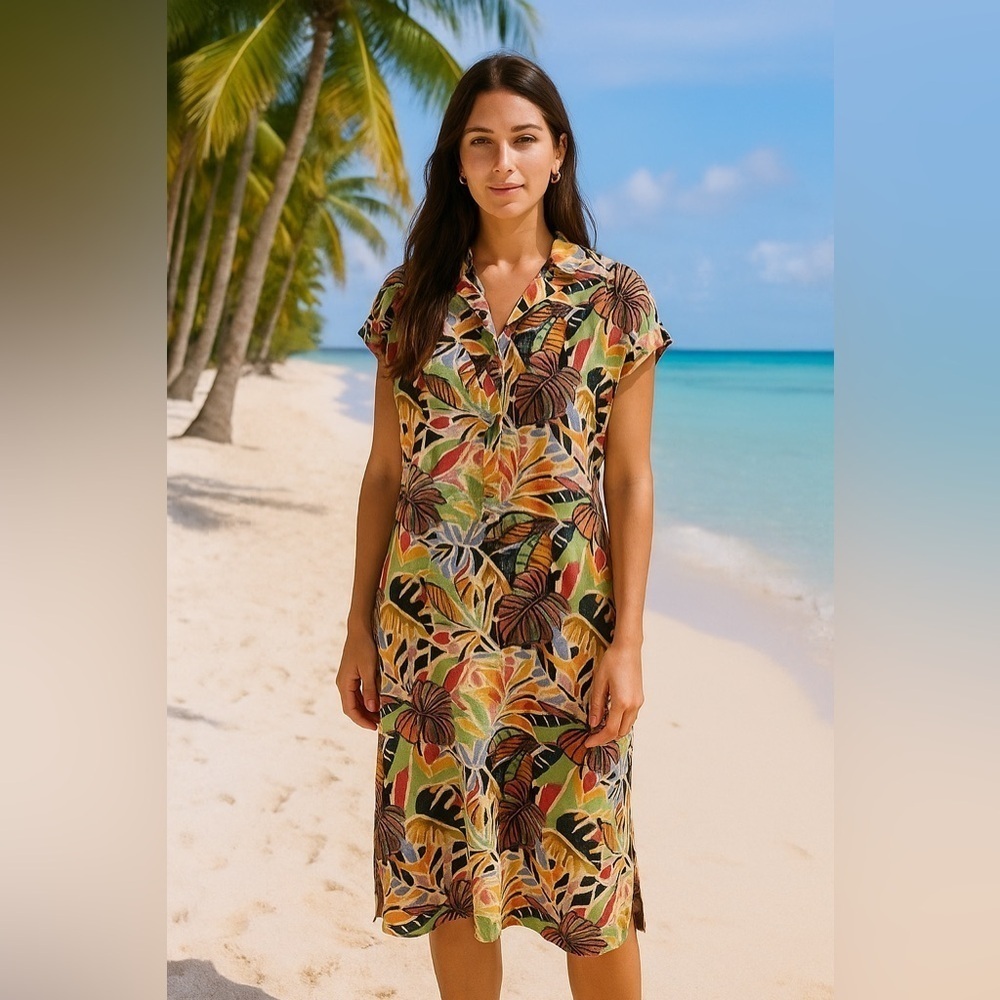 C&C California Womens sz small Linen Rainbow Tropical Floral Kaftan Midi Dress